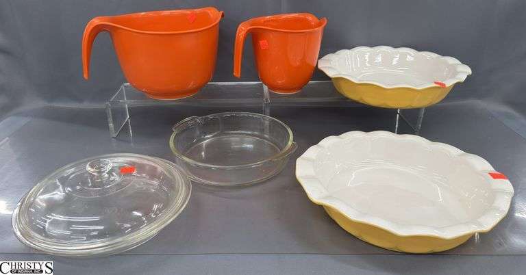 Batter Bowls, Ruffled Edge Yellow Technique Pie Dishes, Clear Glass Casserole image