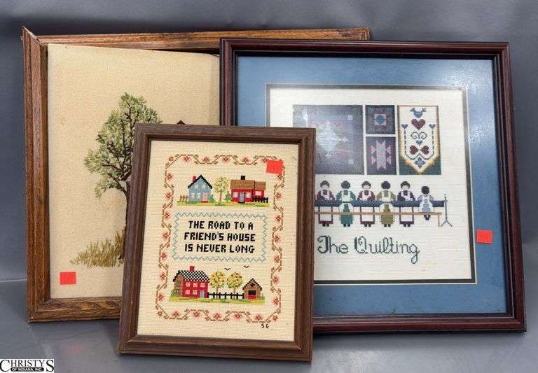 3 Framed Needlepoint/Cross Stitch Pieces - One frame needs repair - 16" x 20" of largest image
