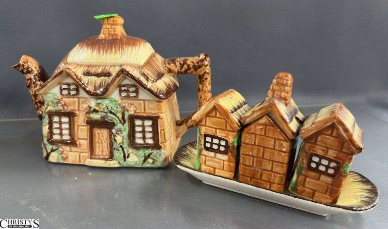 Marked Japan Cottage Tea Pot and Salt and Pepper Set, Black and White Cream and Sugar, Dish, Lusterware Style Cream and Sugar