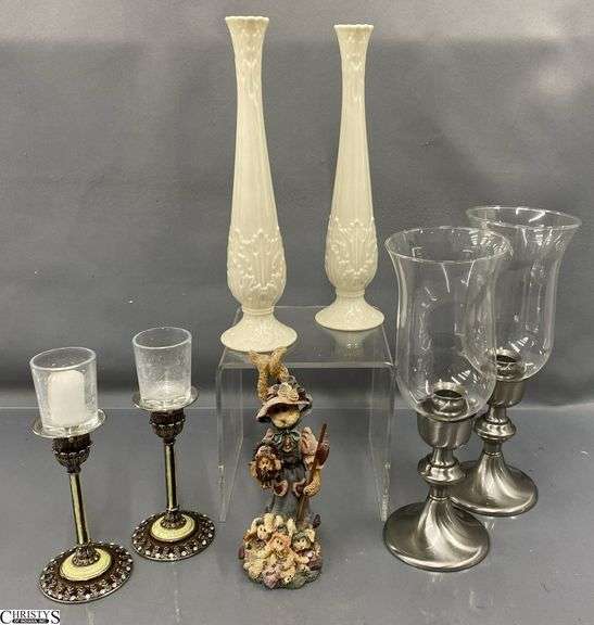Modern Candle Holders With Glass, Dark Metal Finish Boyd's Bear Figurine and Pair of Lenox Florentine Bud Vases 11" image