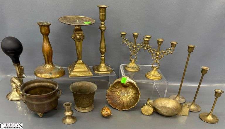 Brass Candle Sticks, Horn, Small Dishes, Misc - 7" of tallest image