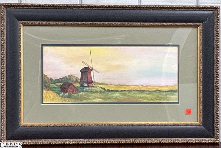 Signed B. Wilson Wind Mill Scenic Pastel Painting - 29" x 18" of frame image