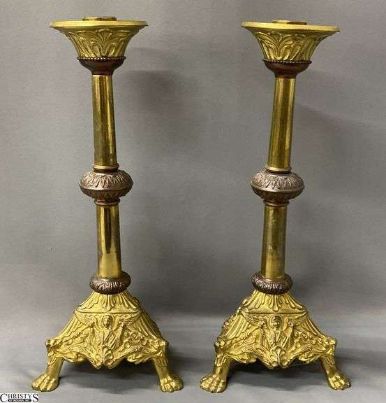 Pair of Ornate Brass Candlestick Holders with Angel Detail 18" image