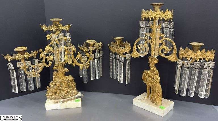 2 Antique Gilt Brass Figural Motif Girandoles - 16" of tallest, missing some prisms image