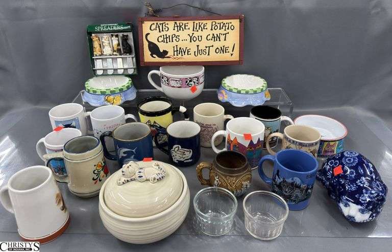 Cat Collectibles, Soup Bowls, Signs, Mugs, Lidded Treat Jar, Spreader Knives image