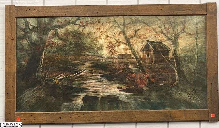 John Higar Signed Mystic Cabin Forest Oil on Board - 53" x 30" of frame image