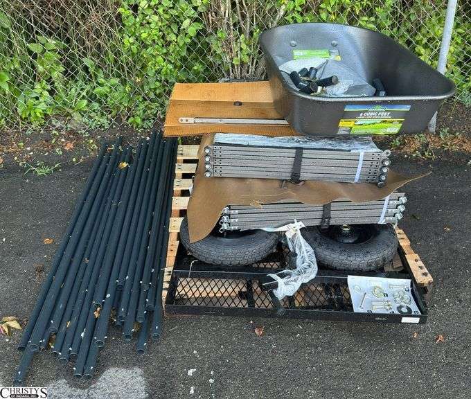 Pallet with Ground Work Cart Pieces, Wheel Barrow Tub, Gates, Kennel Top image