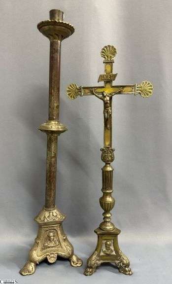 2 Church Altar Candle Sticks, INRI With Cross, and One Without, Tallest 26" image