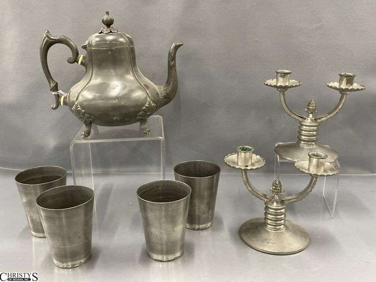 7pcs Pewter, Tea Pot With Leaf Accents, Stacking Tumblers, and Pair of Double Candle Holders, Tallest 8" image