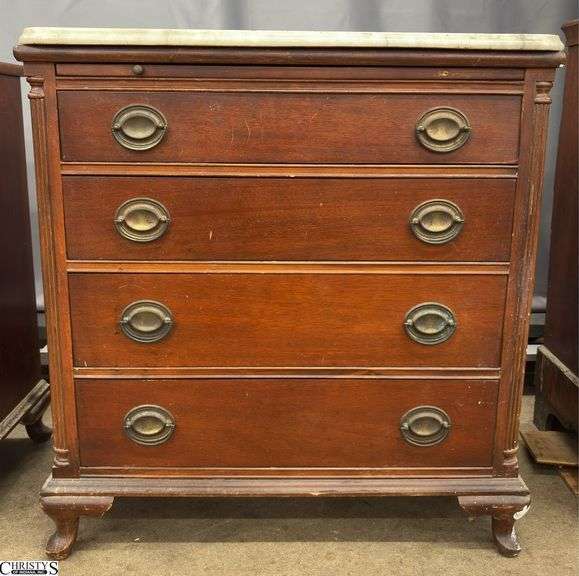 Mahogany 4 Drawer Chest with Marble Top - 30.5" x 16.5" x 32" - wear and chipping to finish image