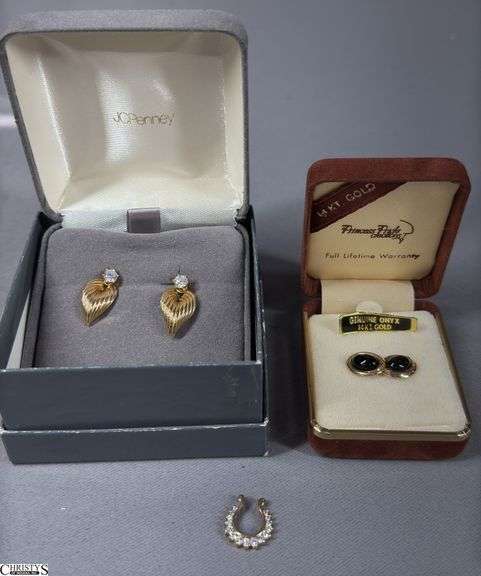 14K Jewelry- Two Pairs of 14K Earrings.  One 14K Yellow Gold and Onyx in a Princess Pride Creations Box and 1 Heart Design Pair of Earring Jackets Marked 585 with a Diamond Looking Stone Stud Earring (not diamond) and 1 Earring Jacket with Diamond Looking Stones (not diamond) image