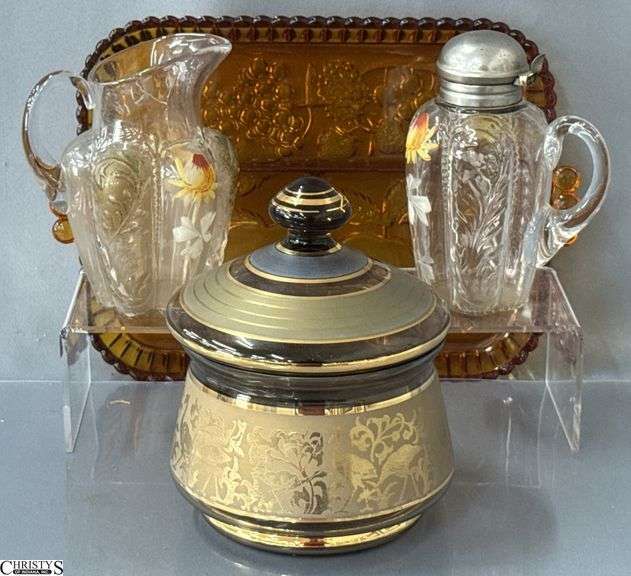 Handpainted Cream and Sugar Set, Lidded Dish, Amber Color Tray 12x9 image