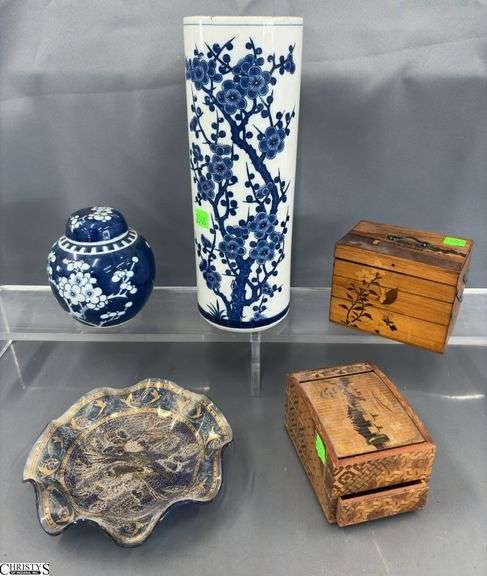 Blue and White Vases, Wooden Trinket Boxes, Glass Plate - 11.5" of tallest image