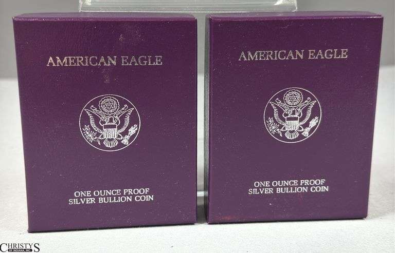 Two 1986 American Eagle Once Ounce Proof Silver Bullion Coins in Velvet Display and Box with COA. image