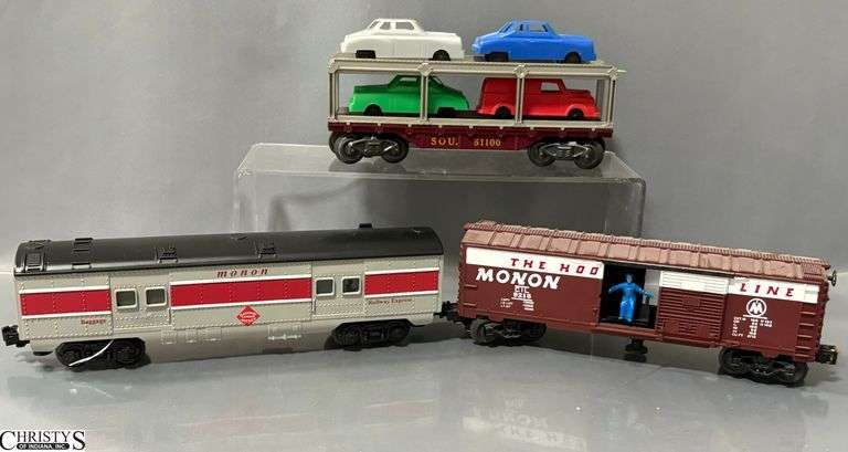 3 Unboxed Train Cars, Lionel and Marx Car Hauler, Monon Operating Boxcar and REA Baggage Car image