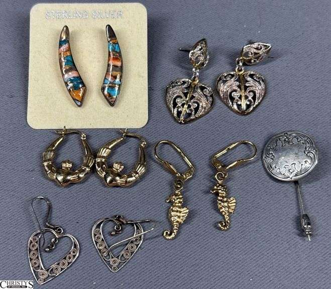5 Pairs of Earrings Marked Sterling or 925 and a Stick Pin Marked S. Kirk & Son Sterling image
