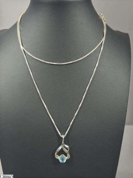 14K Pendant with a Light Blue Stone and Chain Marked 925 image