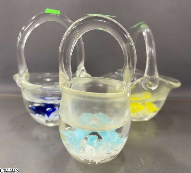 3 Art Glass Paperweight Style Baskets Tallest 5.5" image
