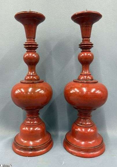 3pcs Pair of Red Wooden Candle Holders 14" image