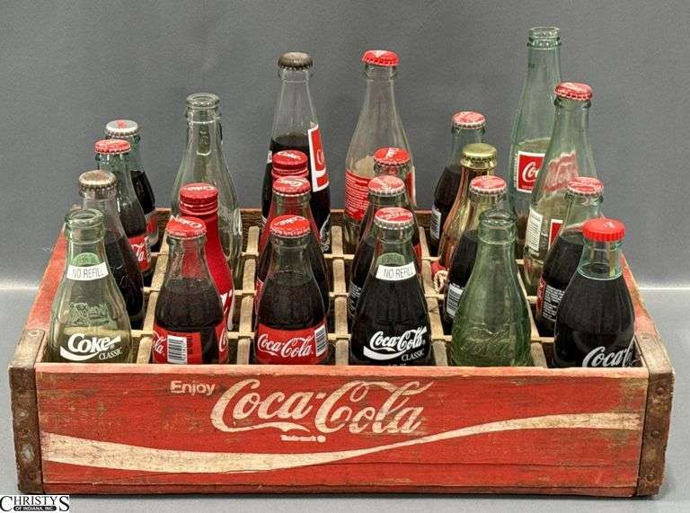 Coca Cola Wooden 24 Bottle Crate and Various Coca Cola Bottles - 18" x 12" of crate image