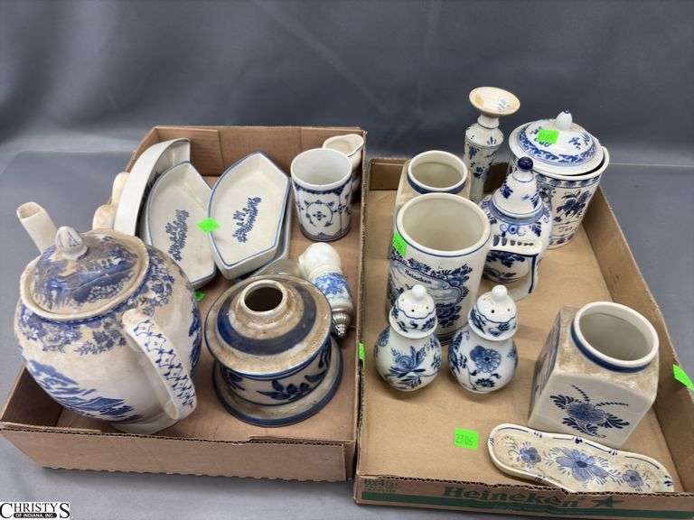 Blue and White Teapot, Dishes, Shakers, Spoon Holder - Delft, Pfaltzgraff, and others - 10" of largest piece image