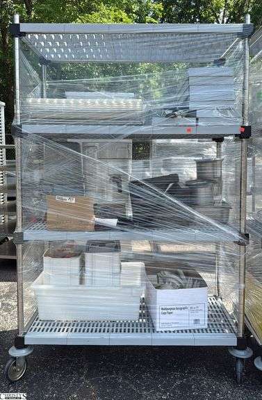 Rolling Racks With Plastic Shelves with Contenst Water Pitchers, Carages, CB Radioes, Pans Misc 48x23x74" image