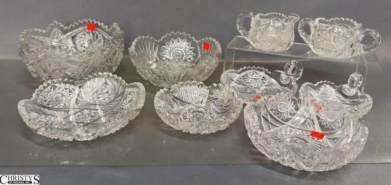 Cut and Pressed Glass Bowls and Dishes - 9" x 4" of largest bowl - may have chipping throughout image