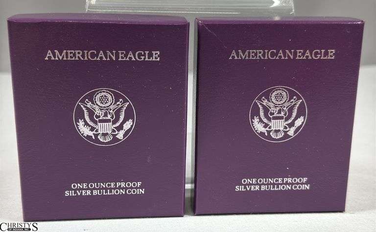 Two 1990 American Eagle Once Ounce Proof Silver Bullion Coins in Velvet Display and Box with COA. image