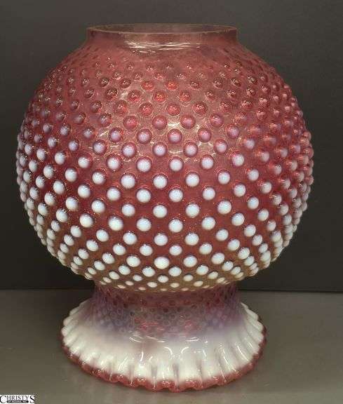 Fenton Cranberry Opalescent Hobnail Lamp Shade - 9.5" T - 4" opening - some chips around rim image