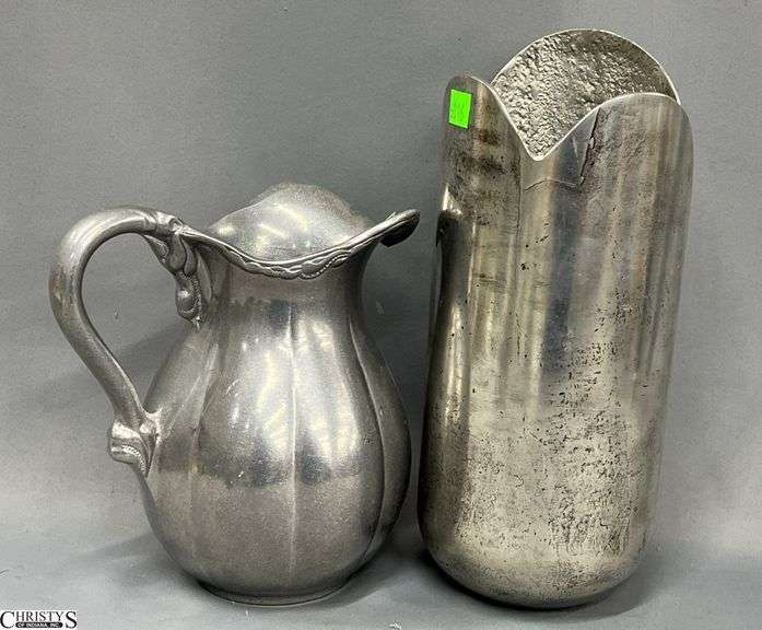 Pewter Pitcher With Melon Ribbed Sides, and Hand Made and Signed Vase 12" Tall image