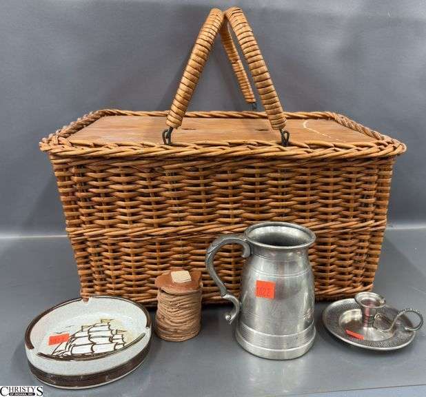 Wicker Basket, Pewter Tankard, Candlestick, Otagiri Ashtray, Small Pottery Vessel - 17" x 9" of basket image