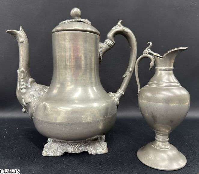 2pcs, KMD Tiel Royal Holland 7" Ewer, Italian "Peltro" Stamped With Leaf Accents Tallest 9.5" image