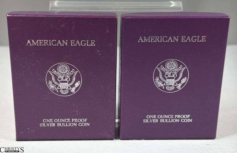 Two 1986 American Eagle Once Ounce Proof Silver Bullion Coins in Velvet Display and Box with COA. image