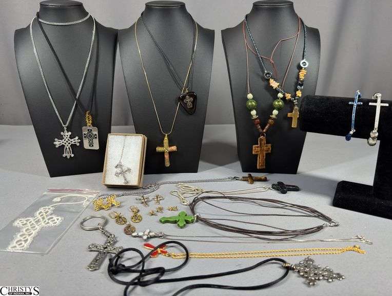 Jewelry with Crosses.  Includes 13 Necklaces, 2 Bracelets, 5 Pairs of Earrings, a Key Chain, a Pendant and a Lace Looking Cross Bookmark image