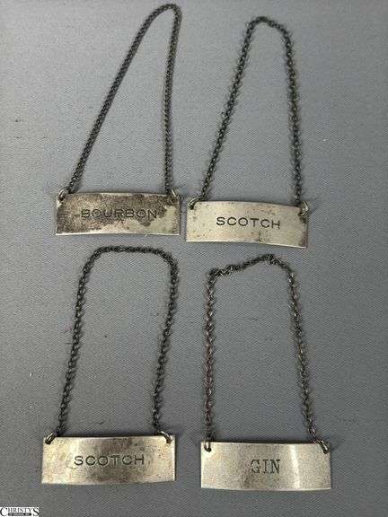 4 Sterling Silver Decanter Ticket / Labels 2 Scootch, 1 Gin & 1 Bourbon image