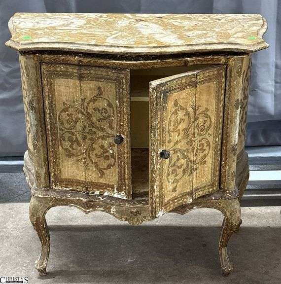 Italian Florentine Stone Top Chest - 29.5" x 14.5" x 29.5" - shows heavy wear to finish and top image