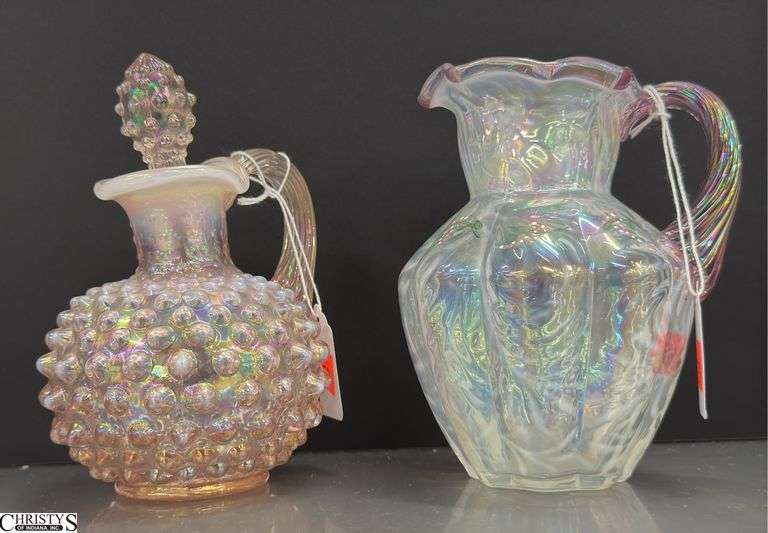 2pcs Fenton Handpainted Iridescent Pitcher and Hobnail Opalescent Cruet With Stopper, Tallest 5.5" image