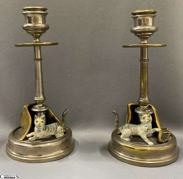Pair of Brass Candlesticks With Playful Cats 7.25" image