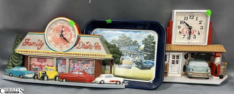 3 pcs Coke Metal Tray, 2 Plastic Clocks Largest 21.5x11.5 image