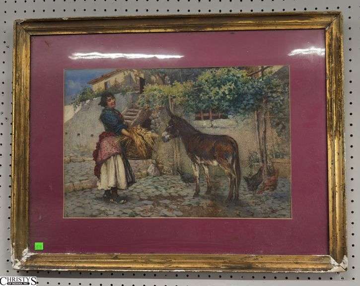 Framed Mediterranean Pastoral Print - 30.5" x 23.5" of frame - showing wear to frame image