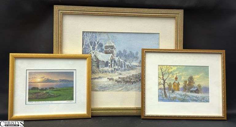 3pcs Framed Watercolor Art - Larry Dotson & Other Artists, Largest 19"x16" image