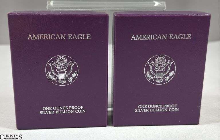 Two 1987 American Eagle Once Ounce Proof Silver Bullion Coins in Velvet Display and Box with COA. image