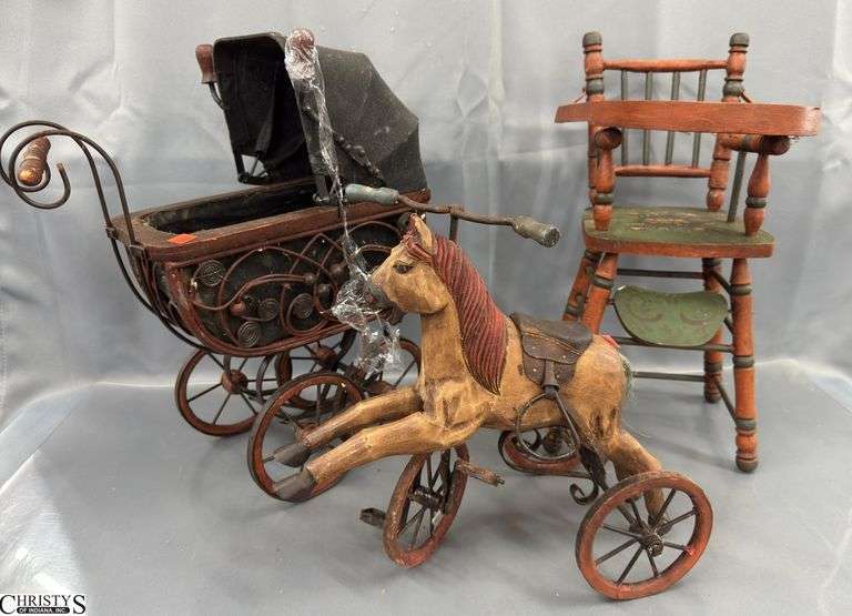 3pcs Rough Doll Toys, High Chair, Baby Buggy, Horse Tricycle image
