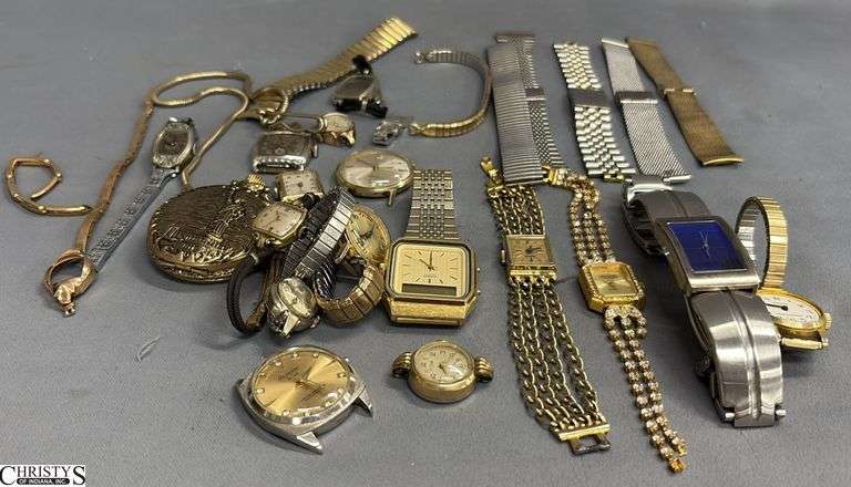 8 Wrist Watches, Watch Parts and Pieces and a Pocket Watch with Chain image
