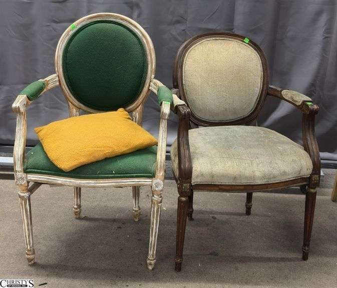 2 French Style Armchairs - both show heavy wear to upholstery - 38" of tallest image
