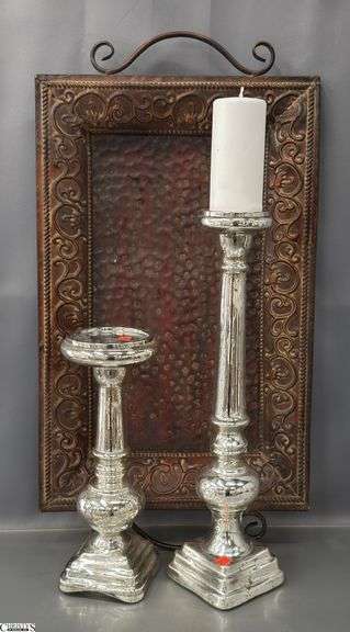 Large Decorative Metal Tray and 2 Silver Tone Glass Candlesticks - 31" of tray image