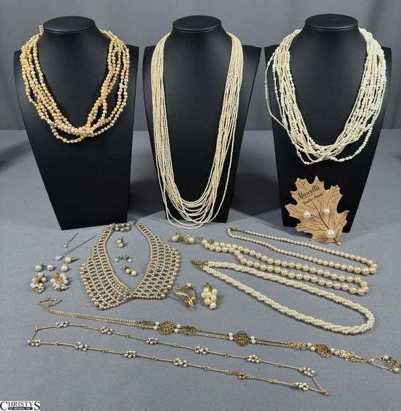 Pearl Type Jewelry.  Includes 9 Necklace, a Pin, "Scatter Pearls" Pins, 7 Pairs of Earrings and a Pendant image