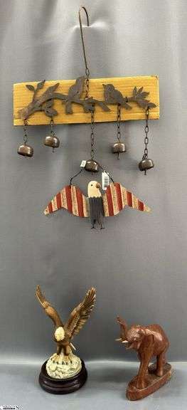 Bird Rustic Wind Chime, Soaring Eagle, Wooden Elephant, Hanging Eagle With Flag, Tallest 8" image