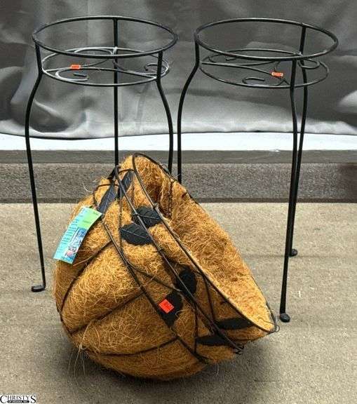2 Metal Plant Stands 21" Tall 2 16" Hanging Baskets Coconut Lining image