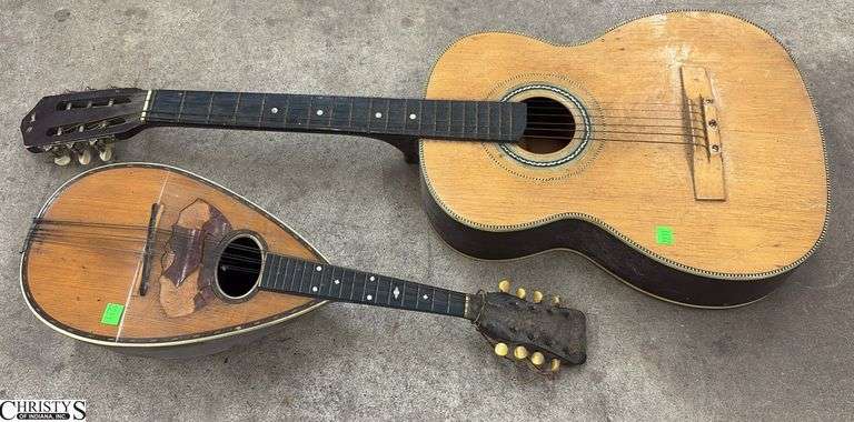 Bowl Back Mandolin, Guitar - both show wear - 39" of guitar image